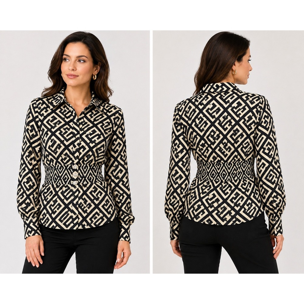 Sweet Rain Geometric Greek Key Smocked Waist Button Down Blouse Tan Black M